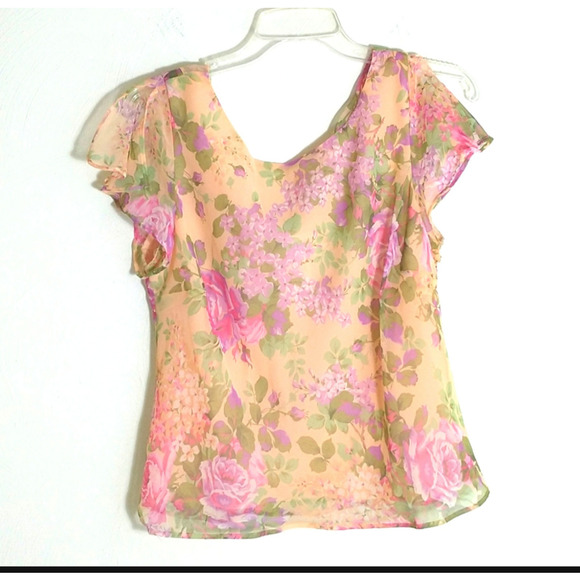 Studio I Waterfall Back Chiffon Top Wmn's 14P Yellow Floral Split Cap Sleeve Y2K - Picture 15 of 16